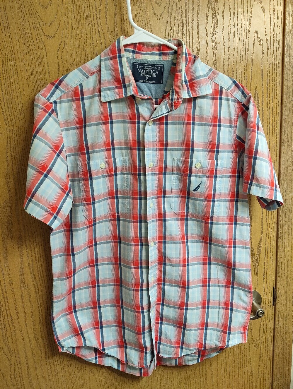 Nautica Red, White & Blue Plaid Short Sleeve Button-Down Shirt